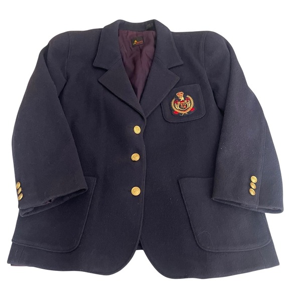 Vintage Lizsport Petites‎ Navy Wool Blazer Gold Crest Preppy Classic 8P - Picture 4 of 16